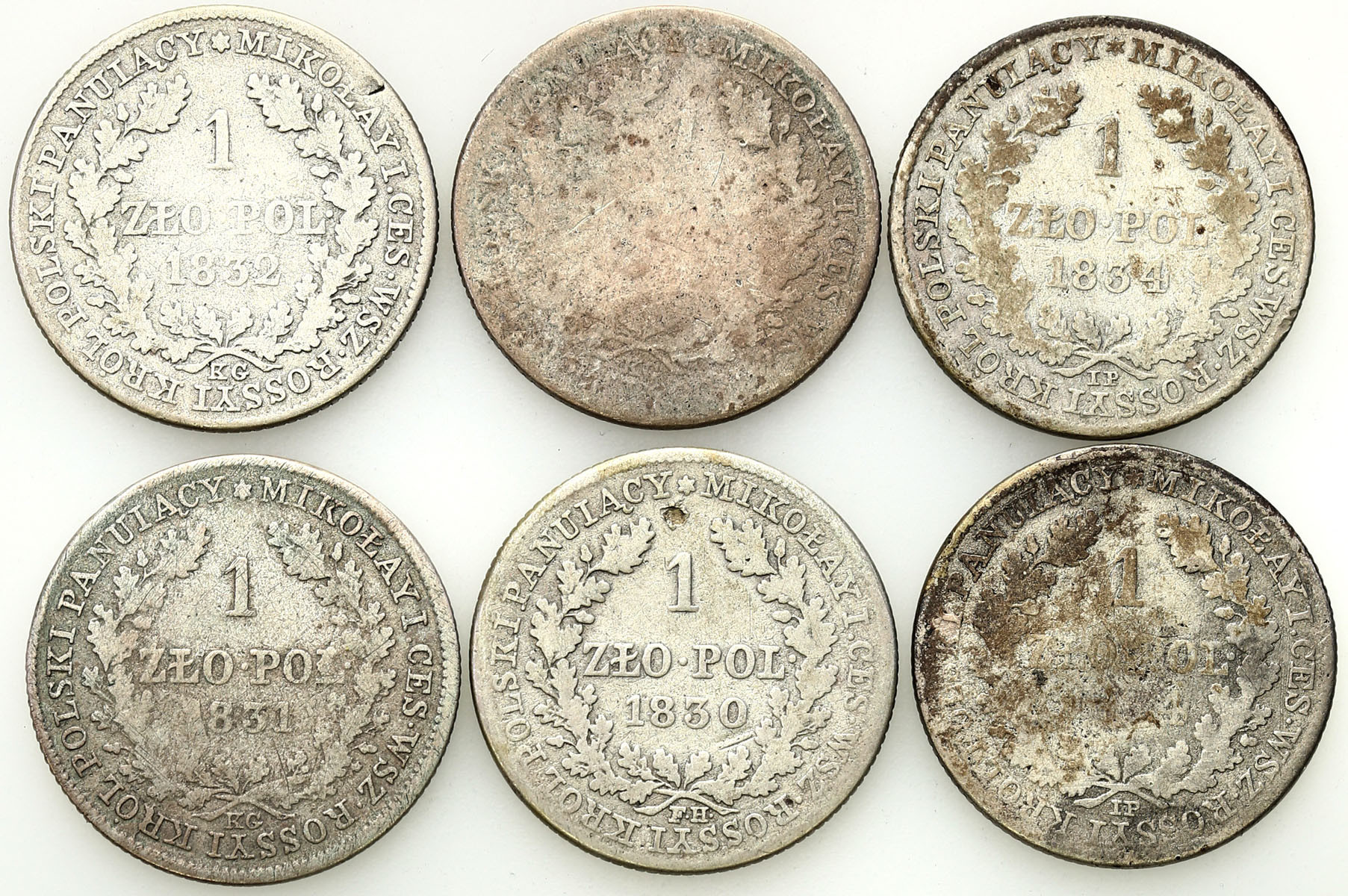 Królestwo Polskie. Mikołaj I. 1 złoty 1830, 1831, 1834, Warszawa, zestaw 6 monet